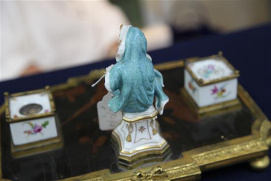 A Continental ormolu and porcelain mounted ink stand, 18th century and later, 32cm wide